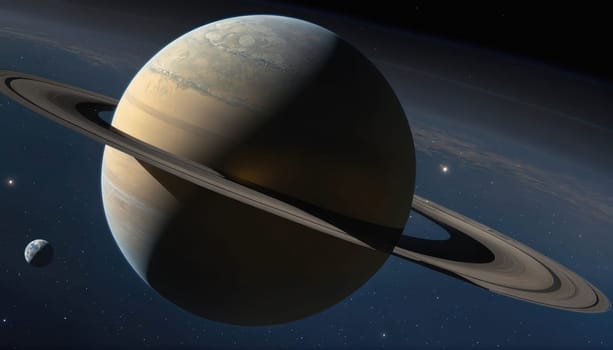 A detailed image of Saturn, the ringed planet, with visible rings and a dark, shadowed portion of the planet. The planet is positioned in a dark, starry void.