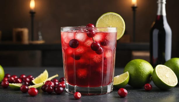 A tall glass filled with a red cranberry cocktail, ice cubes, and fresh cranberries. A lime wedge decorates the rim, and a whole lime sits next to the glass.