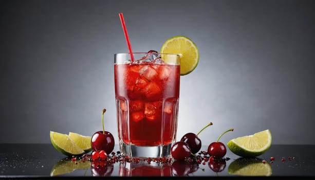 A tall glass of red cherry limeade with ice is sitting on a table with a lime wedge, cherries and a red straw. The surface of the table is reflective.