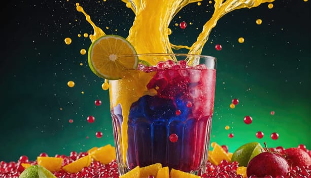 A glass filled with a red and blue layered drink and ice is surrounded by oranges, limes, and red berries. Orange juice is splashing from the top of the glass, with some droplets floating in the air.