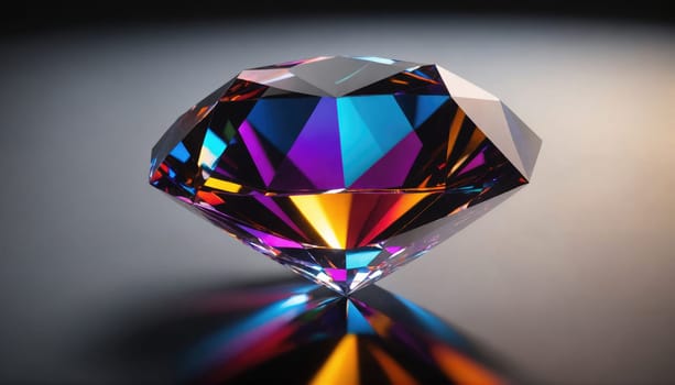A close-up view of a large gemstone with numerous facets reflecting light. The gemstone is predominantly purple with hints of blue and orange. It is resting on a gray surface and casting a reflection.
