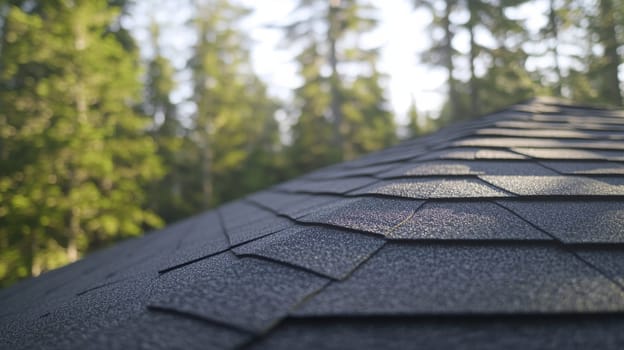 A detailed view of a roof covered with dark gray asphalt shingles. the shingles are arranged in an overlapping pattern, providing texture. the background features a blurred forest with abundant green foliage, nature's contrast with the structured design.