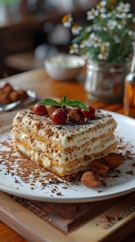 A close up of a delicious piece of Zuppa Inglese cake on a beautiful plate, placed on a table with a houseplant in the background