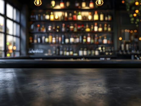 Contemporary bar setup with bottles on shelves and sleek countertop in moody lighting.