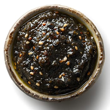 A traditional Asian dish featuring a bowl of black sauce topped with sesame seeds, a common ingredient used in cuisine for added flavor and texture