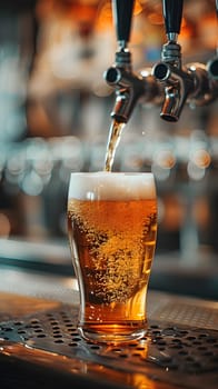 Liquid is being poured from a tap into a pint glass, creating a refreshing alcoholic beverage. The barware used includes beer glass and pint glass