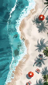 A picturesque natural landscape featuring a beach with palm trees, umbrellas, and crystalclear aqua water