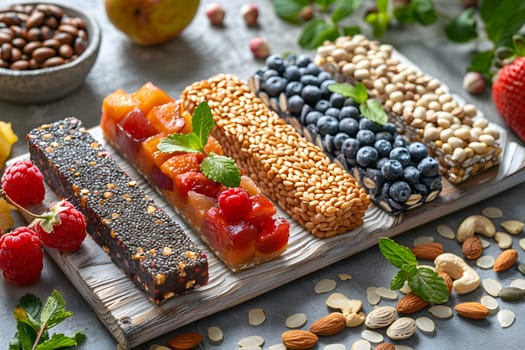 A wooden cutting board displaying a variety of natural foods ingredients including granola bars, a staple food perfect for a quick and nutritious snack