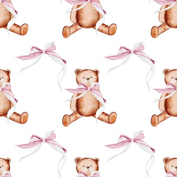 Seamless pattern with teddy bears. Watercolor ornament with cute toys hand drawing. Illustration of a teddy bear with a bow on a white background. Children's design. Ideal for children's textiles, diapers and underwear