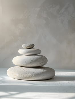 Minimalist zen stone stack on white surface, soft shadows casting calming ambiance