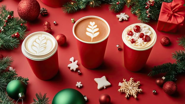 Festive coffee cups adorned with delightful holiday elements bring forth joy and warmth throughout the celebrations
