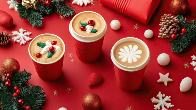 Festive coffee cups adorned with delightful holiday elements bring forth joy and warmth throughout the celebrations