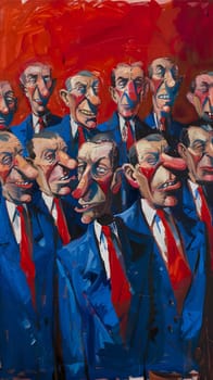 Distinctive portrait of stylized faces in blue suits against a red background.