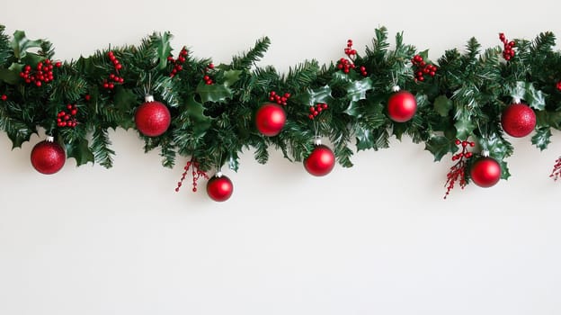 A Christmas garland with vibrant red ornaments adds a cheerful festive spirit to home decor in the holiday season