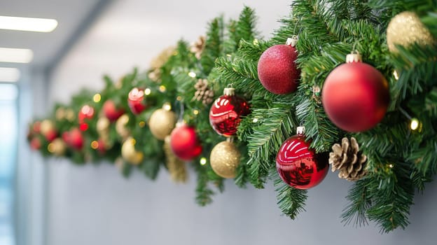 A Christmas garland with vibrant red ornaments adds a cheerful festive spirit to home decor in the holiday season