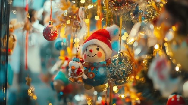 A charming and delightful snowman ornament beautifully surrounded by an array of festive decorations and lights