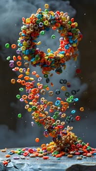 Floating cereal rings creatively form number nine on dark foggy background