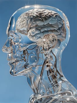 A glass sculpture depicting a human head with a visible brain and veins, showcasing intricate details of human anatomy and creating a captivating artistic gesture