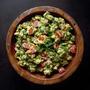 A staple food dish of guacamole and tomatoes served in a rustic wooden bowl. This superfood recipe features fresh ingredients like leaf vegetables