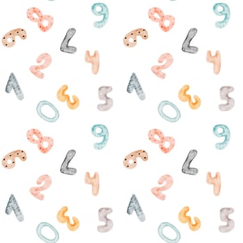 Watercolor Numbers seamless pattern. Cute numbers. Clip art isolated on white background. For design of baby fabrics and invitations. Children's kawaii style. High quality photo