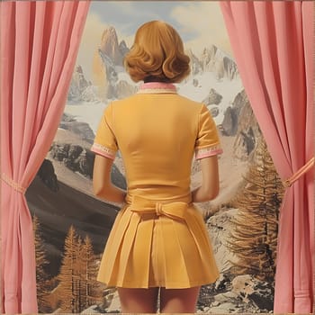 A fashionforward woman in a vibrant yellow dress gazes out a window, her sleeve billowing in the breeze. The textile and hair color complement hues of orange, pink, and magenta