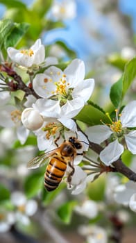 Closeup of a honey bee pollinating white blossoms in a garden during springtime.