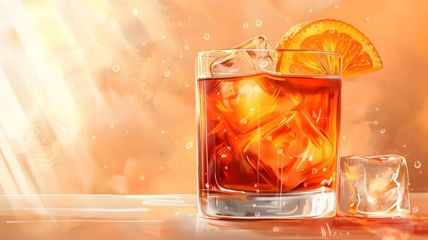 A refreshing glass of orange juice garnished with an orange slice and ice cubes, sitting on a table. The amber fluid is the perfect drink for a hot day