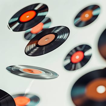 Enjoy the sight of dynamic vinyl records softly descending against a white backdrop