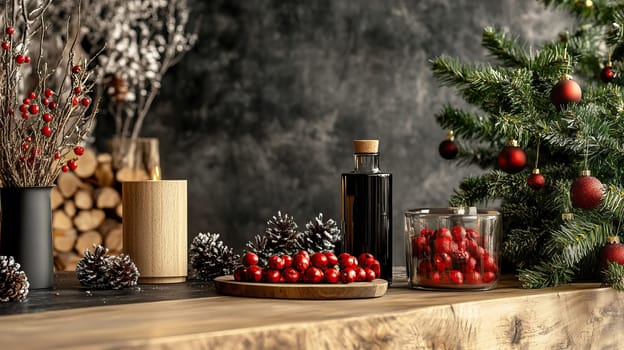 A beautifully arranged holiday scene that highlights festive decor adorned with cheerful berries and pine cones