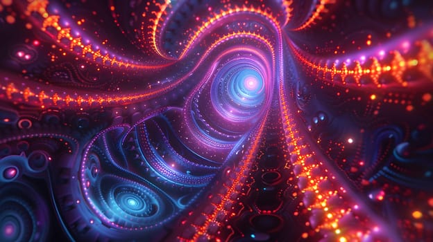 Futuristic neon tunnel with swirling designs and dynamic light effects.