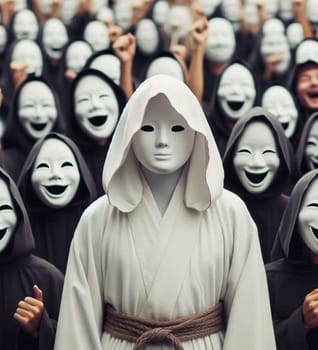 A man is standing in front of a crowd of people, all of whom are smiling. The man is wearing a hooded robe and a mask, and he is the center of attention. The scene is cheerful and lighthearted