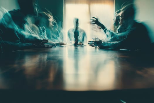 A dynamic scene of team members engaged in an animated discussion around a conference table, showcasing collaboration and active communication in a corporate environment.