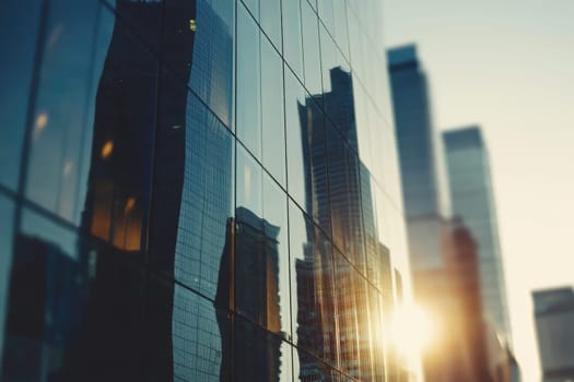 A blurred reflection of modern office buildings captured on a sleek glass wall, showcasing the interplay of light and urban architecture in a contemporary setting.