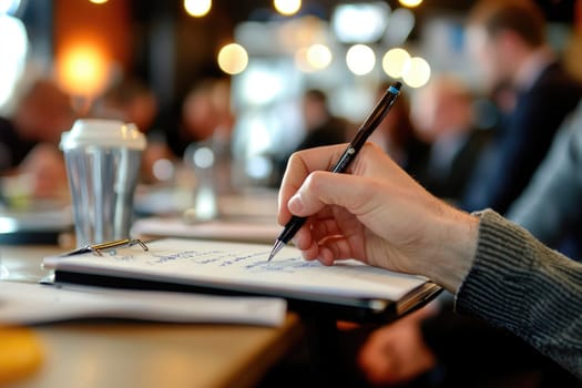 A close-up of a person's hand writing on a notepad in a lively office setting, capturing a moment of creativity and focus during a meeting or brainstorming session.