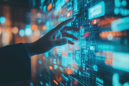 A businessperson's hand reaching out to interact with a vibrant digital display, symbolizing innovation and technology in modern enterprises.