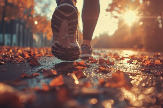 A close-up of athletic feet in motion, showcasing runners enjoying a picturesque sunset run amidst scattered autumn leaves and warm colors.