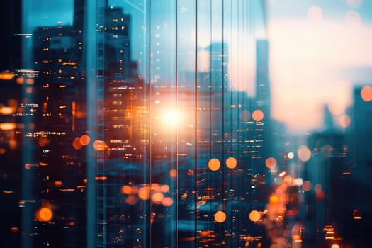 A stunning view of a modern office building featuring blurred glass reflections, capturing the vibrant colors of the city skyline at sunset.