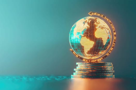 A close-up view of a glowing globe set on a stack of coins, symbolizing finance and global economy. The vibrant design offers a modern and conceptual aesthetic for various creative purposes.