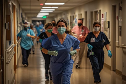Nurses and doctors urgently respond in a hospital hallway, highlighting the teamwork and dedication of healthcare professionals during a medical emergency.