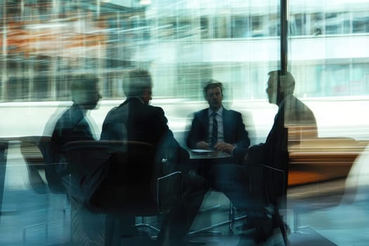 A team of professionals in business attire engage in a serious meeting. The image captures a moment of strategic discussion, reflecting collaboration in a modern office setting.
