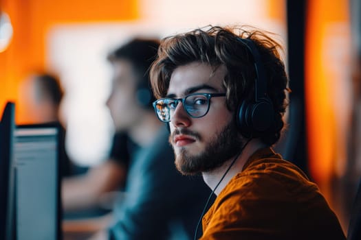 A focused call center agent works intently in a vibrant office environment. The individual is engaged with colleagues, wearing headphones and concentrating on tasks.