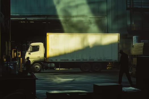 A striking shot of a white truck illuminated by dramatic light in an industrial setting. The interplay of shadows adds depth to the scene, showcasing transport and action.