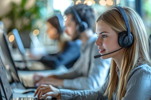 A focused call center agent engaged in virtual communication, using a headset and computer, showcasing teamwork and professionalism in a modern office environment.