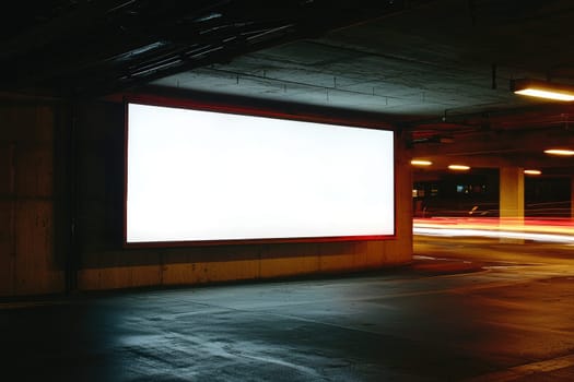 An empty digital billboard in a mall parking garage, showcasing a blank canvas ideal for future advertising in an urban setting. The modern design enhances the space.