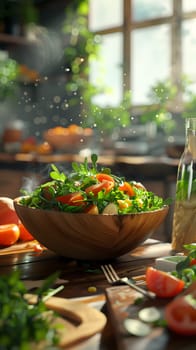 A bowl of fresh vegetable salad is placed on a rustic table in a sunlit kitchen