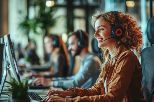 A vibrant call center scene features engaged agents wearing headsets while providing customer support in a modern workspace, showcasing teamwork and professionalism.