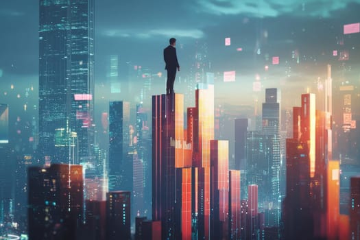 A professional figure stands atop a towering skyscraper, overlooking a vibrant, technologically advanced cityscape. The scene captures themes of ambition and innovation.