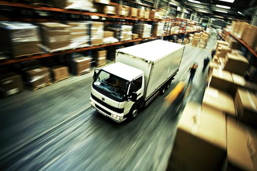A white truck is parked inside a large warehouse, surrounded by boxes, showcasing a busy logistics environment focused on storage and transportation.