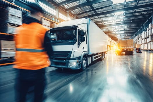 Workers in high visibility vests are loading boxes onto a truck in a busy warehouse environment, showcasing teamwork and safety in logistics operations.