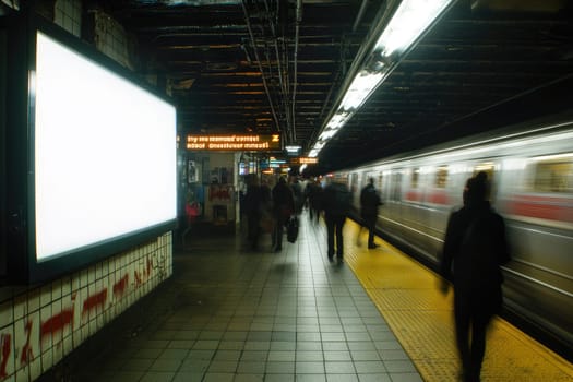 A bustling subway station during rush hour, showcasing commuters in motion with a blank lightbox advertisement and trains arriving. Urban life captured.